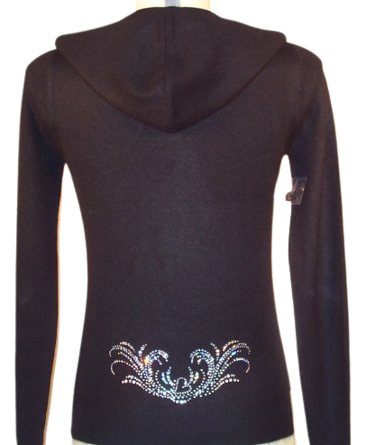 Black Cashmere zip up Hoody with Tattoo Swirl Crystal Design on Back