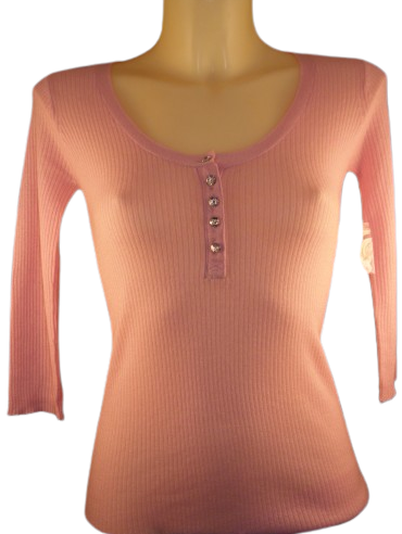 Cashmere Crystal Button 3/4 Sleeve Henley - Pink
