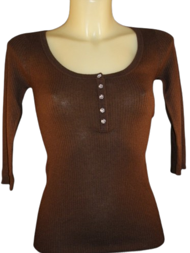 Cashmere Crystal Button 3/4 Sleeve Henley - Chocolate Brown