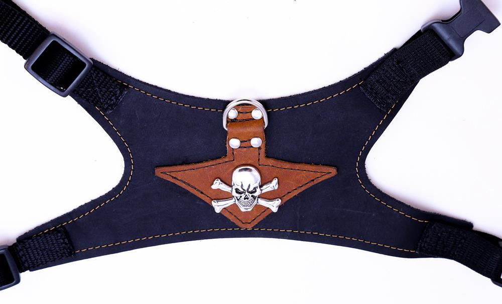 Monterey:  Tan on Black Leather -  Silver Skull and Crossbones Concho