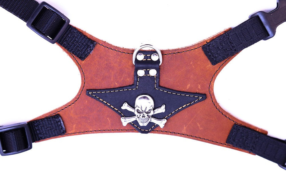 Monterey:  Black on Tan Leather - Silver Skull and Crossbones