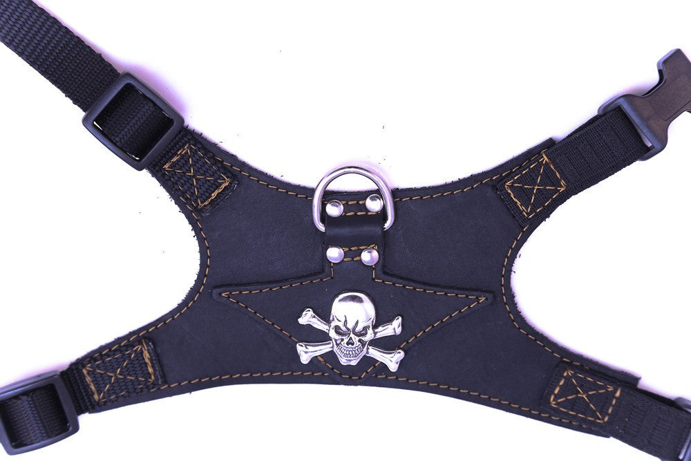 Monterey:  Black on Black Leather - Silver Skull and Crossbones