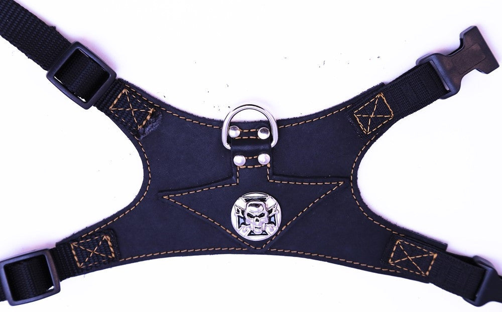 Monterey:  Black on Black Leather - Silver Maltese Skull & Cross Concho