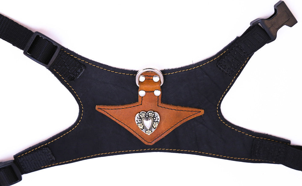 Monterey:  Tan on Black Leather - Gold and Silver Heart Concho