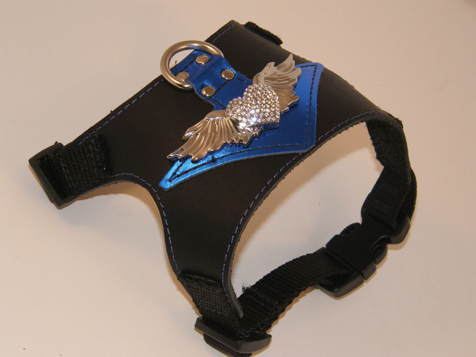 Metallic Blue on Black Leather with Crystal Heart and Wings